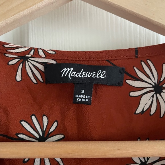 MADEWELL 100% Silk Floral Top 3/4 Bishop Sleeves Ruffled Waist Tie Size Small - Picture 5 of 6